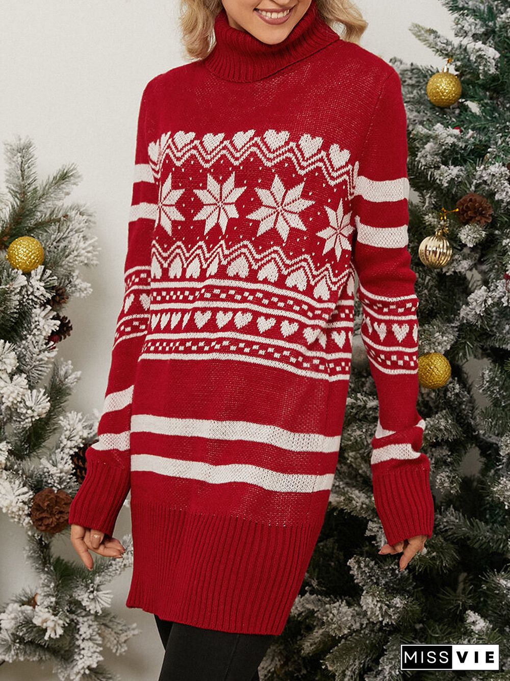 Christmas Snowflake Pattern Turtleneck Long Sleeve Knit Sweater