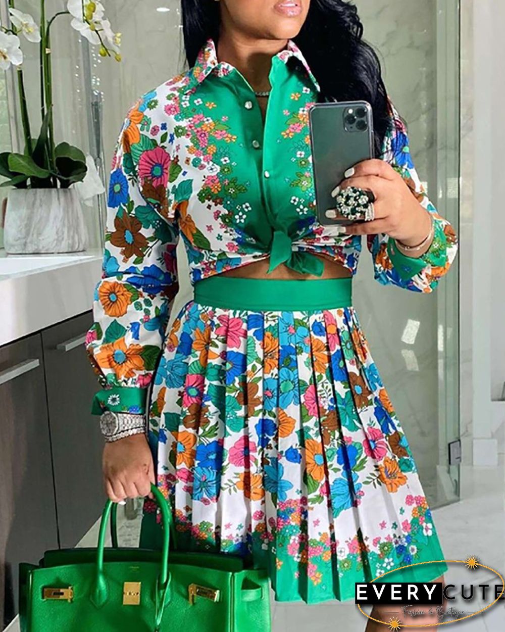 Floral / Paisley Scarf Print Button Design Top & Pleated Skirt Set