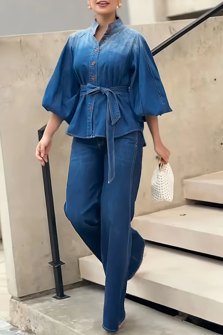 Plus Size Business Casual Blue Gradient Stand-Up Collar Puff Sleeve Half Sleeve Pocket Casual Wrap Denim Two Piece Pant Sets [Pre-Order] 2024 - Xpluswear