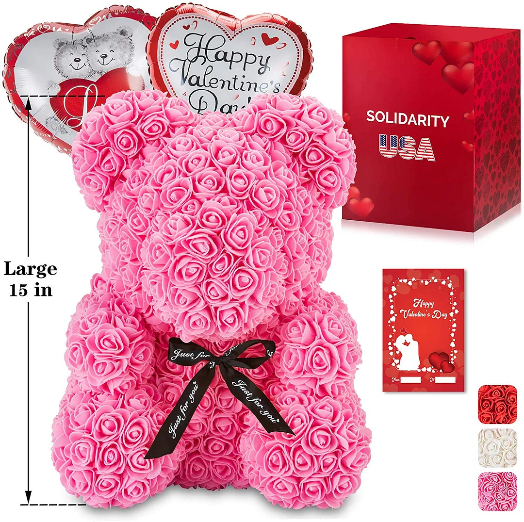 Rose Bear Teddy with Ribbon – 10” Flower Bear with 300+ Artificial Roses