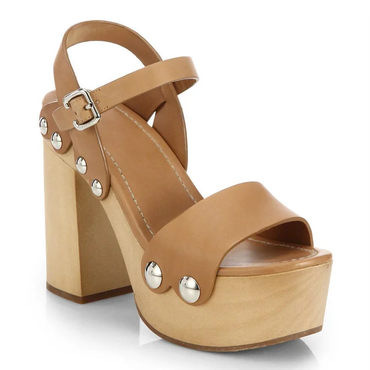 Custom Made Tan Chunky Heel Ankle Strap Platform Sandals |FSJ Shoes
