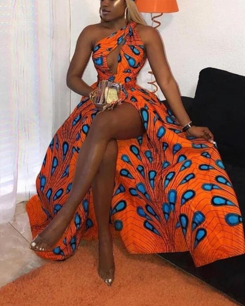 Plus Size Sexy One Shoulder Cutout Print Dress