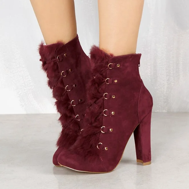 Women's Amaranth Red Lace Up Fur Boots Almond Toe Vegan Suede Ankle Boots |FSJ Shoes