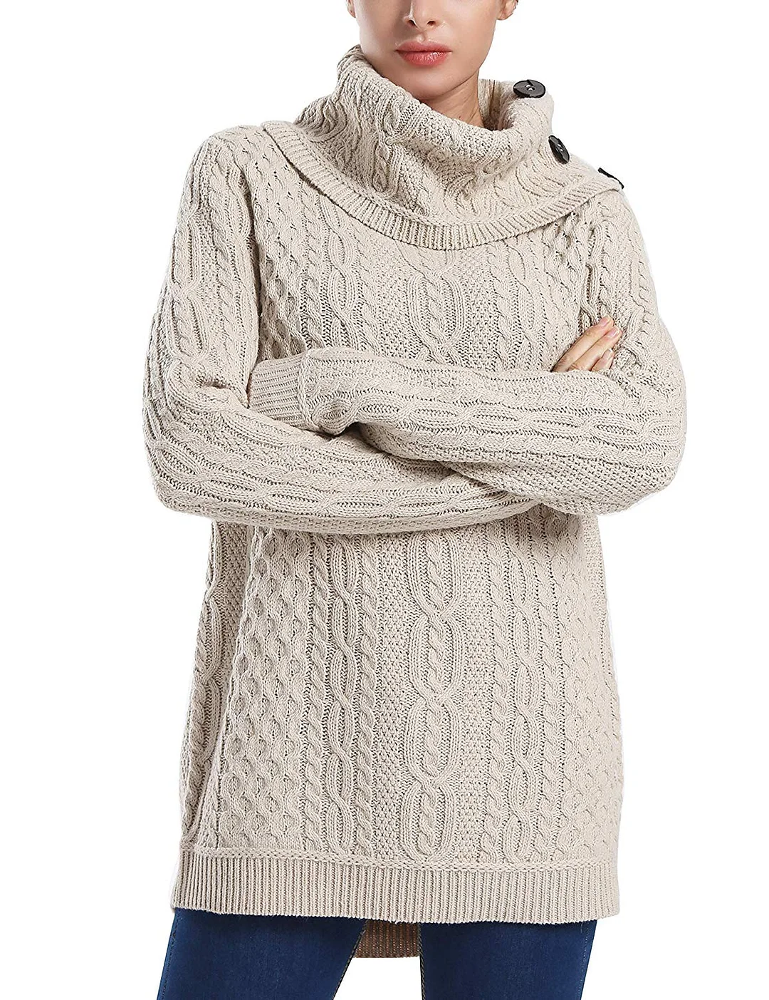 Women's Turtleneck Sweater Cable Knit Button Tunic Pullover Tops