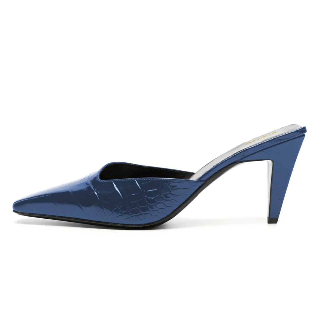 Chic Crocodile Embossed Square Toe Cone Heeled Mules in Blue