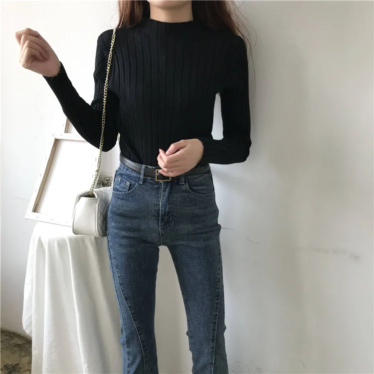 Uveng Uveng Winter Half-High Sweater Women Long Sleeve Pure Color Spring And Autumn Pit Stripe Loose Knitted Bottom Shirt