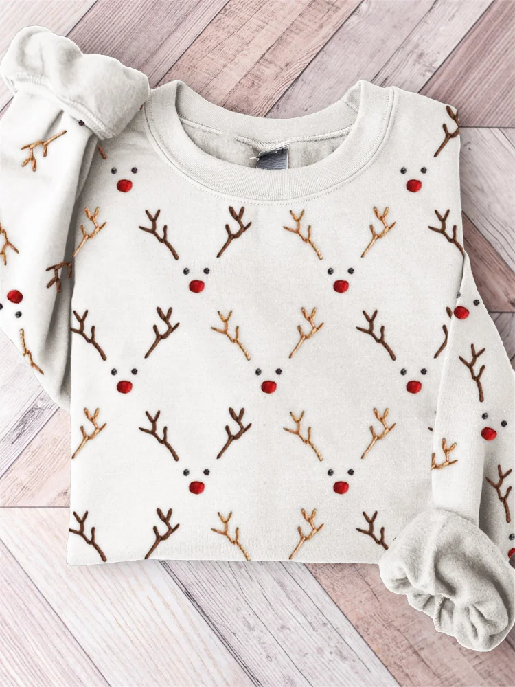 Christmas Reindeer Faces Embroidery Pattern Comfy Sweatshirt