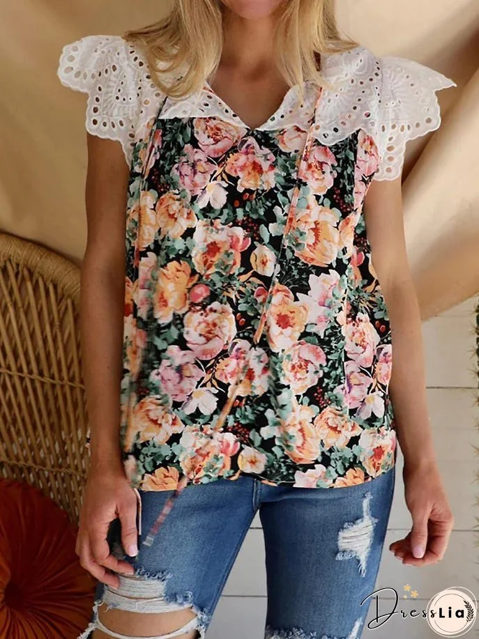 Blouses Printed V-Neck Lace Panel Casual Blouse for Women