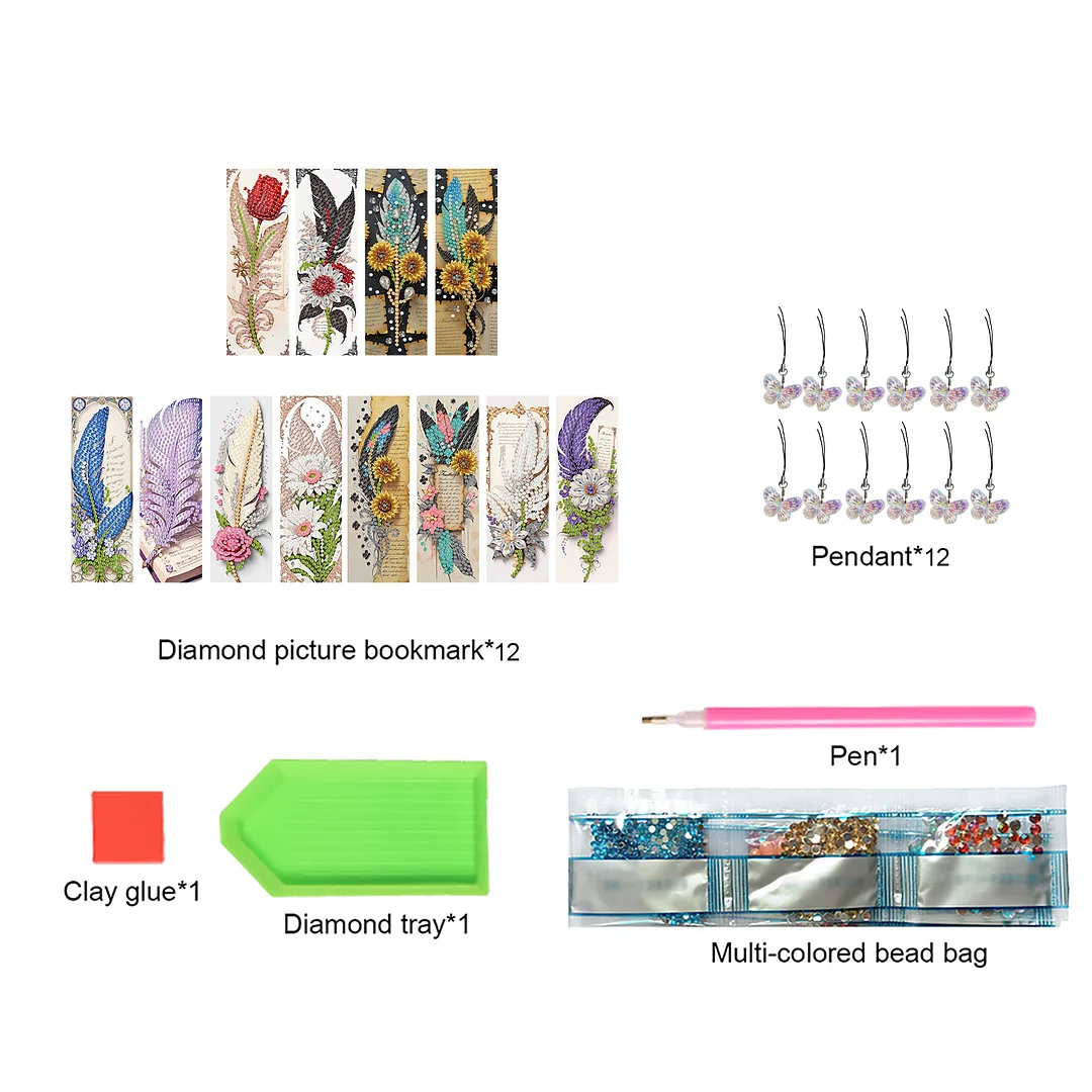 12Pcs Feathers Flowers DIY Diamond Art Painting Bookmark for Reading Enthusiasts