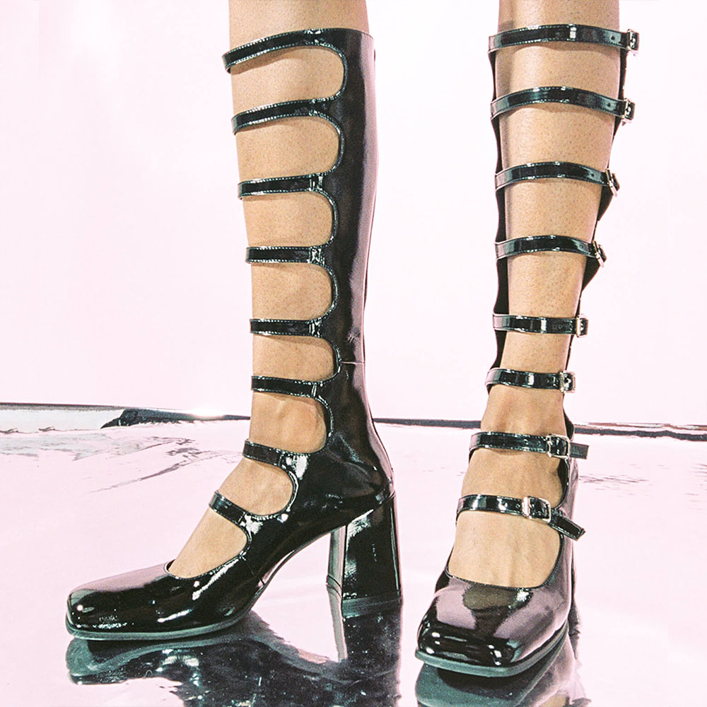 Black Closed Toe Block Heel Strappy Knee High Boots Nicepairs