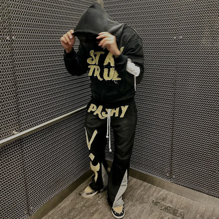 Stay True Print Zipper Hoodie Sweatpants Two Piece Set