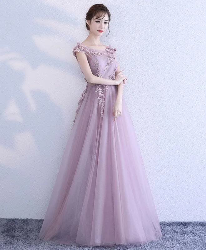 Pink Lace Tulle Long Prom Dress, Pink Evening Dress