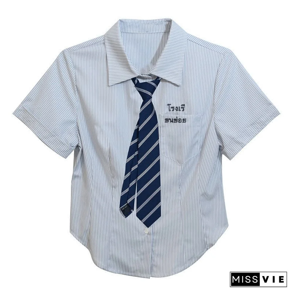 Letter Embroidery Stripe Tie Polo T-Shirt Pleated Skirt JK Uniform