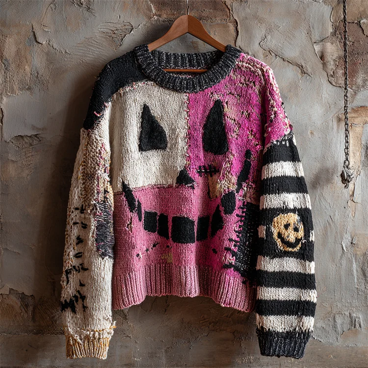 Halloween Spooky Faces Patchwork Stitched Cozy Knit Sweater