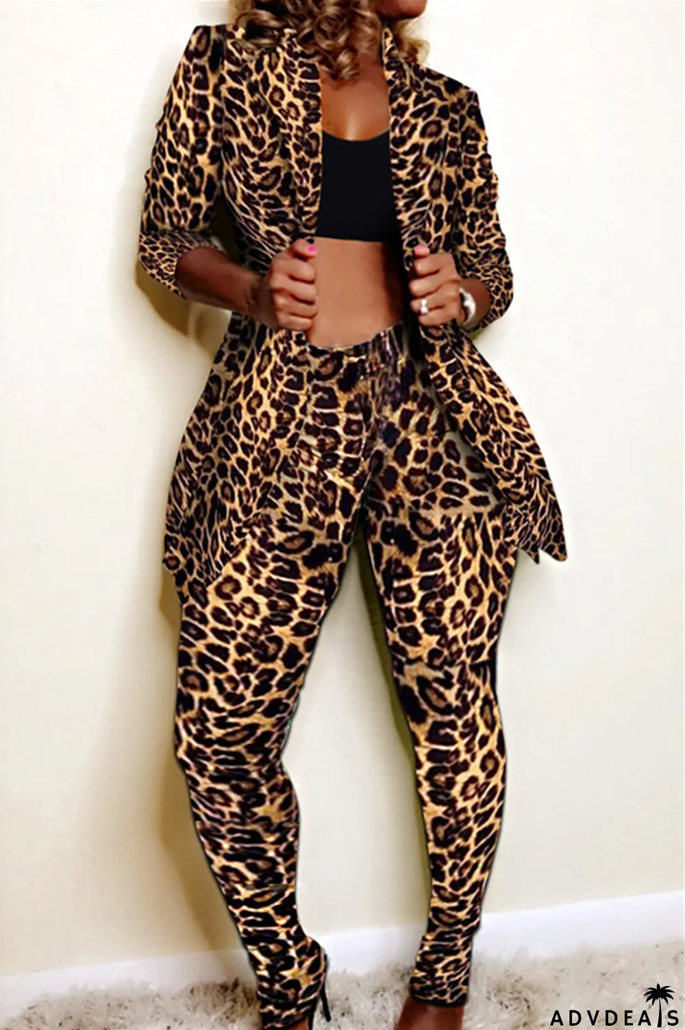 Leopard print Fashion Casual Print Long-Sleeved Two-Piece Suit