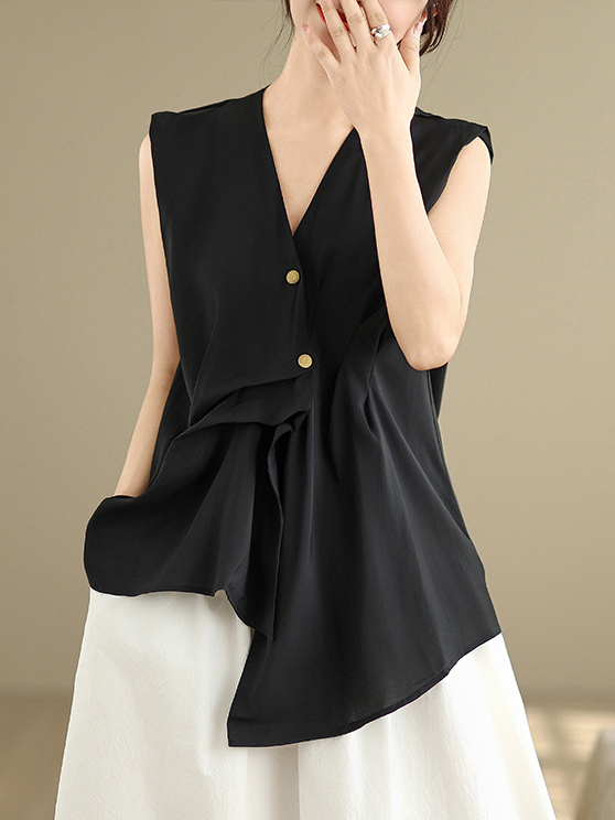 Irregular Hem Sleeveless V Neck Pleated Vest