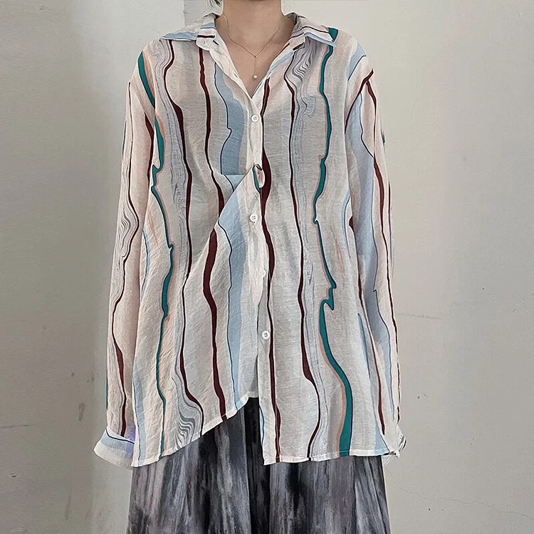Fashion Loose Turn-down Collar Colorful Striped Single-breasteded Long Sleeve Shirt        