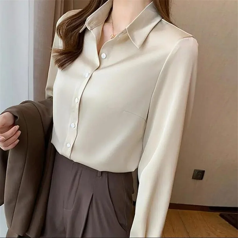 Fashion Satin Shirts Women Long Sleeve Shirts Woman Silk Blouse Tops Casual Professional Female Solid Basic Shirts O. L Blousess