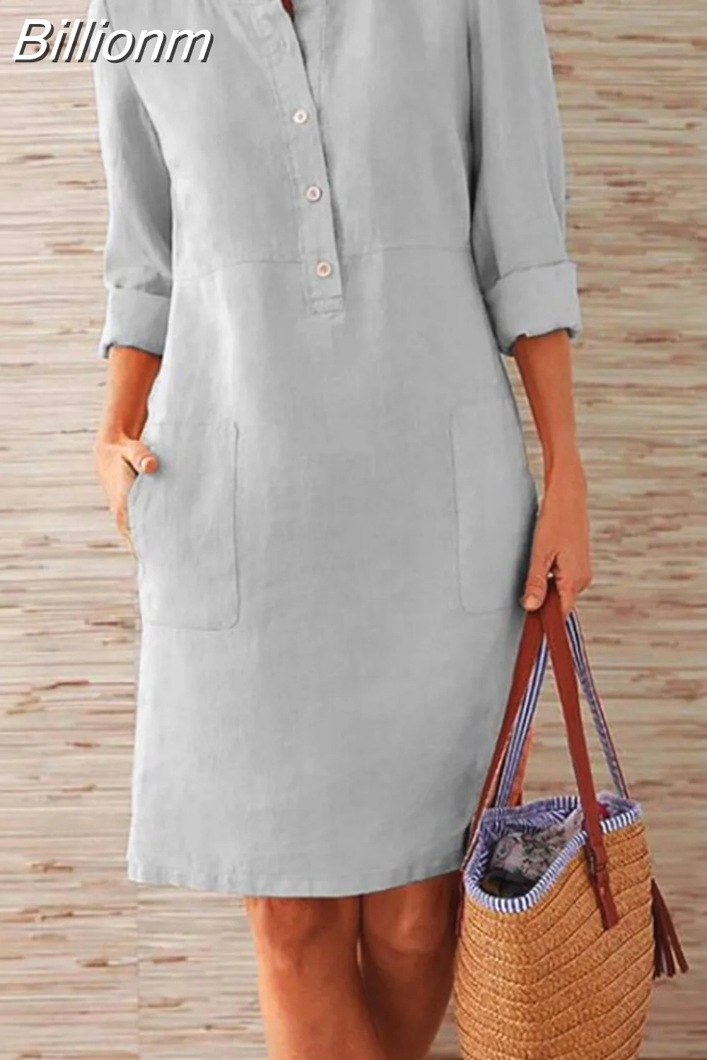 Billionm Color Button O Neck Cotton Linen Summer Dress Women Vintage Short Sleeve Pocket Knee Dress Casual Loose Plus Size Dresses