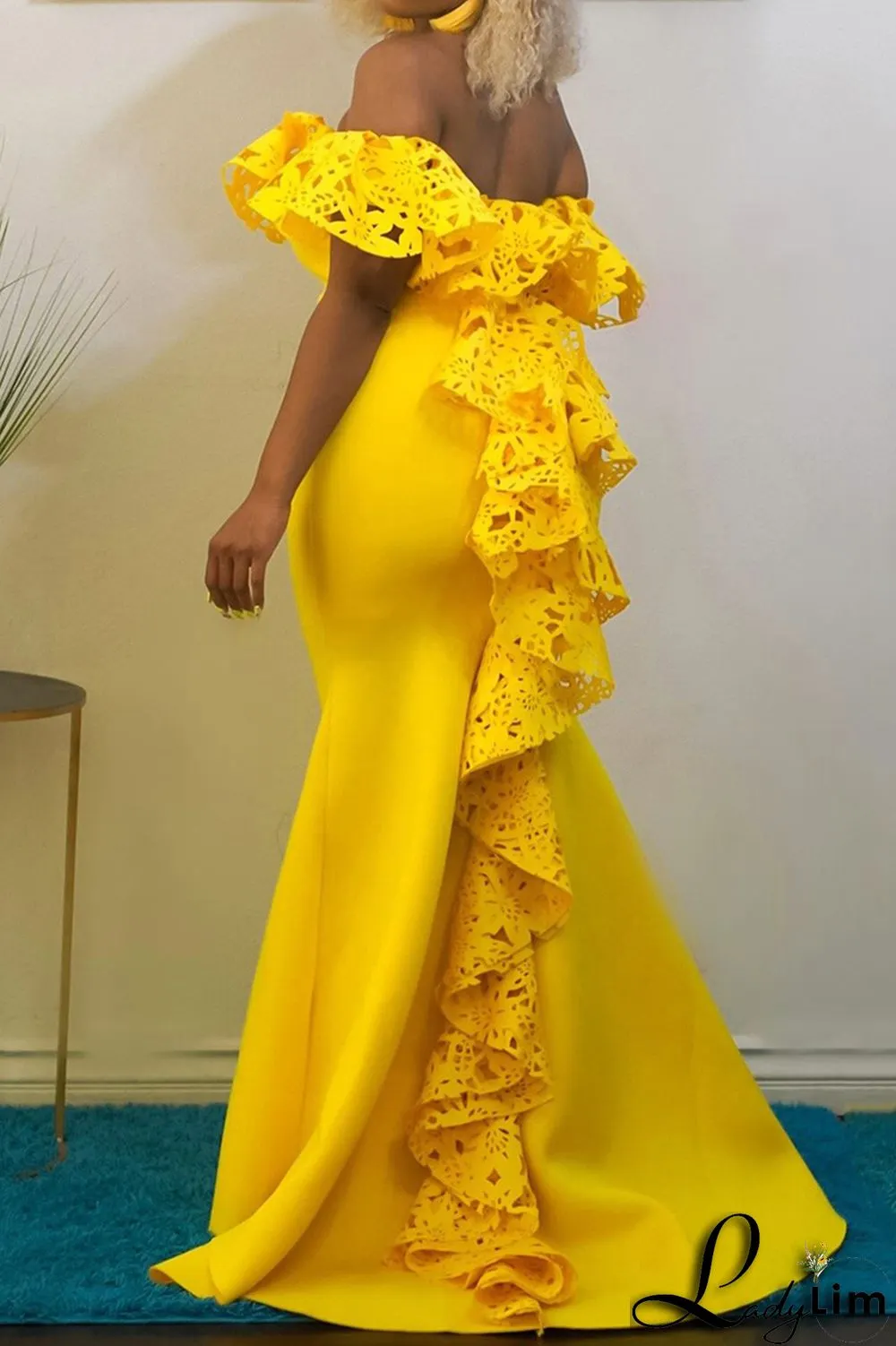 Yellow Fashion Sexy Solid Split Joint Backless Off the Shoulder Evening Dress Dresses