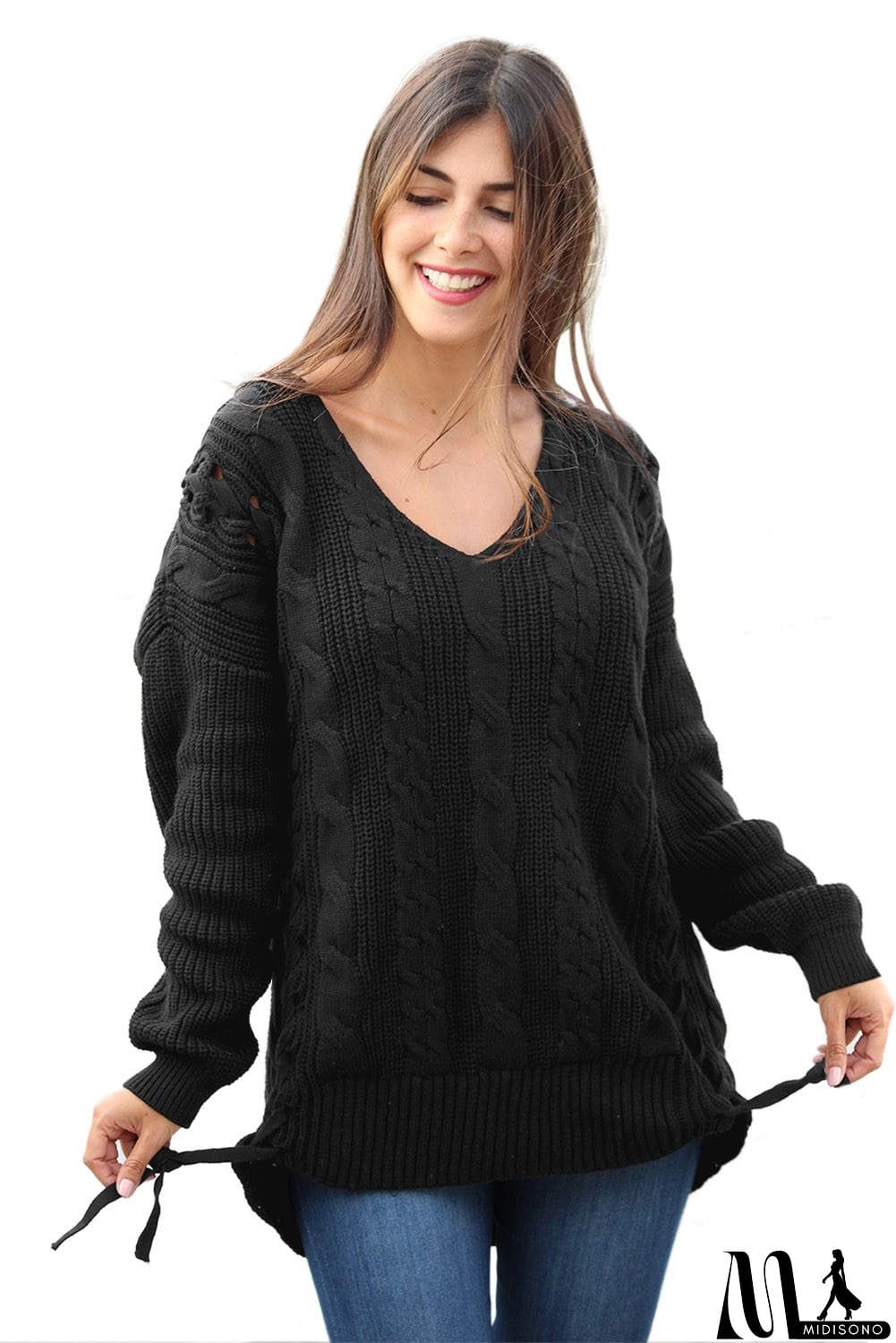 MidiSono - Love Letters Cable Knit Lace Up Sweater