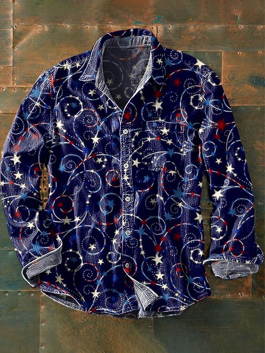 Men's Vintage Denim Color Star Line Art Print Lapel Long Sleeve Pocket Shirt