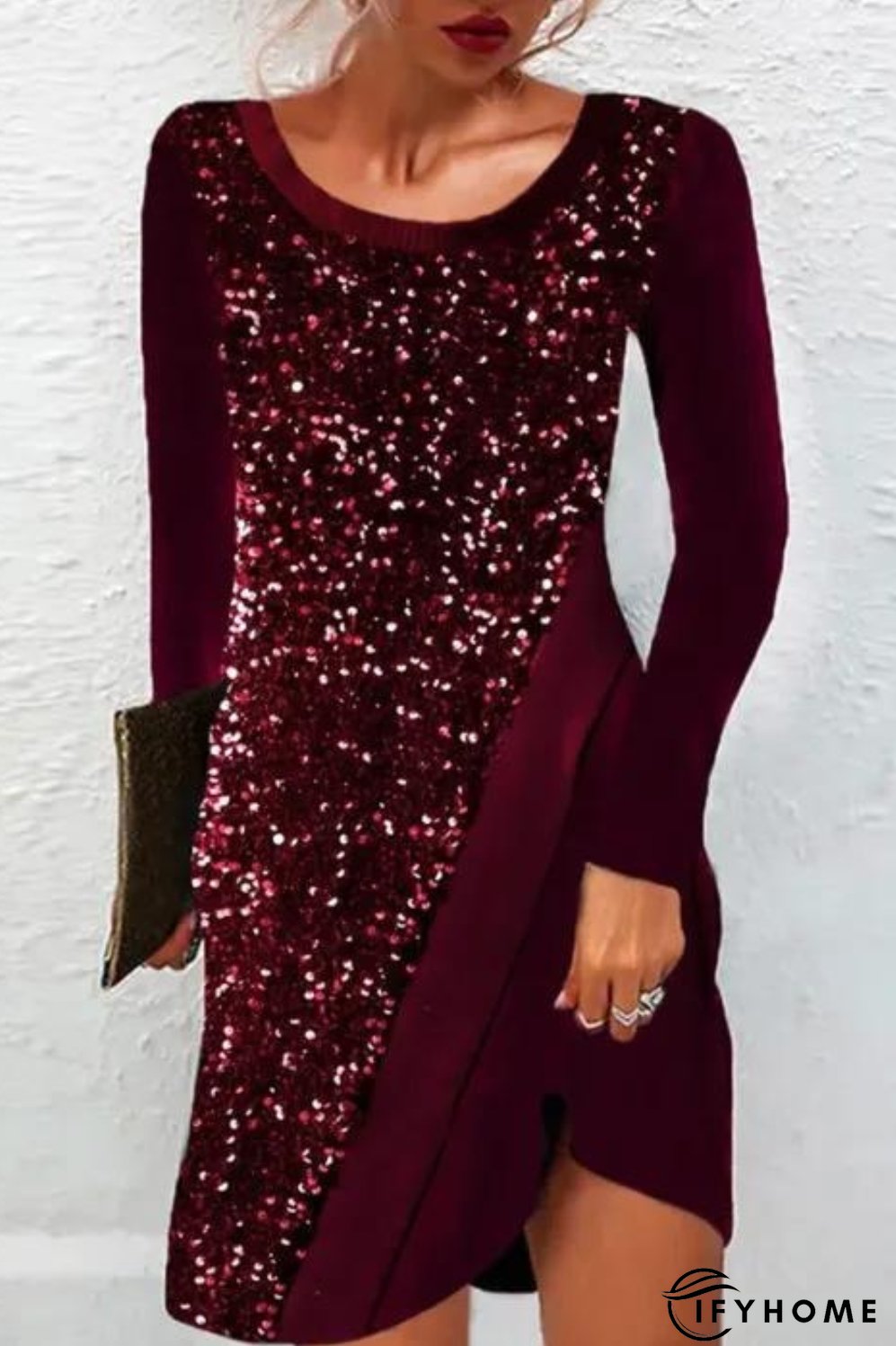 Women's Sequin Spliced Long Sleeve Elegant Round Neck Party A-Line Dress | IFYHOME
