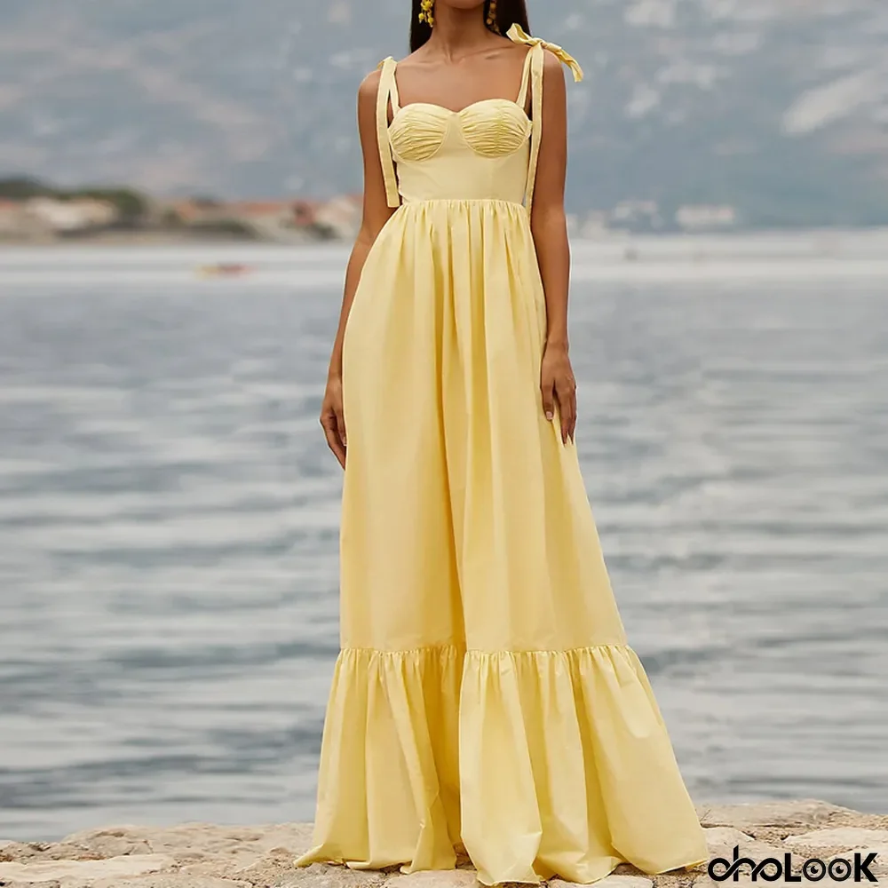 Fashion Slant Neck Draped Party Solid Color High Waist Off Shoulder Tie Pleated Maxi Dress