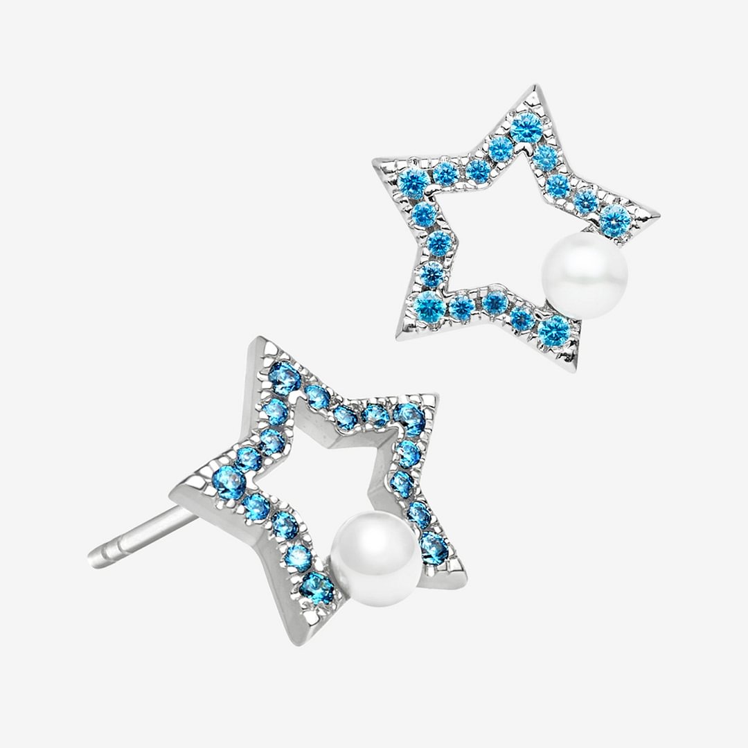 Blue Star Features Pearl Studs Earrings in Silver