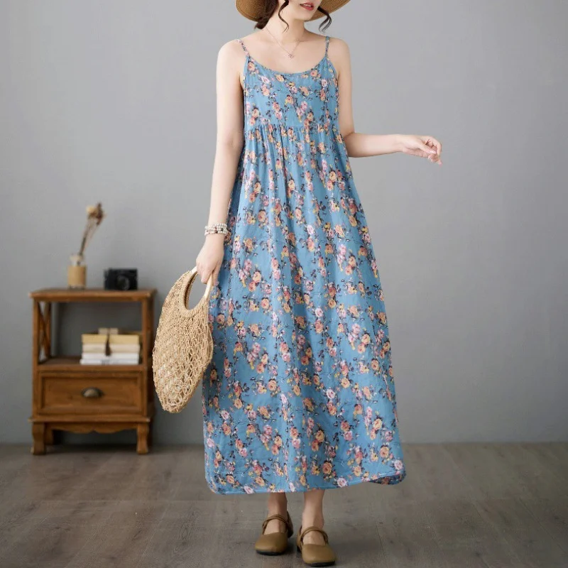 Uveng Uveng Fresh Literature And Art Retro Cotton And Small Broken Flower Dress Women's Summer Long Swing Sleeveless Sling Skirt
