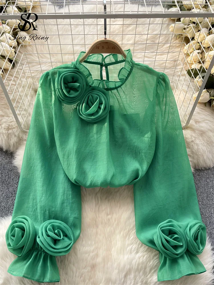 Tanguoant Ruffles Sweet Sheer Blouse O Neck Long Sleeves 3D Floral Loose Top Korean Style Streetwear Vintage OL Casual Shirt