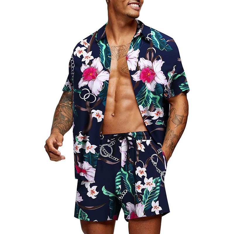 Men's Hawaiian Flower Shirt Beach Suit Shorts Two-piece Set