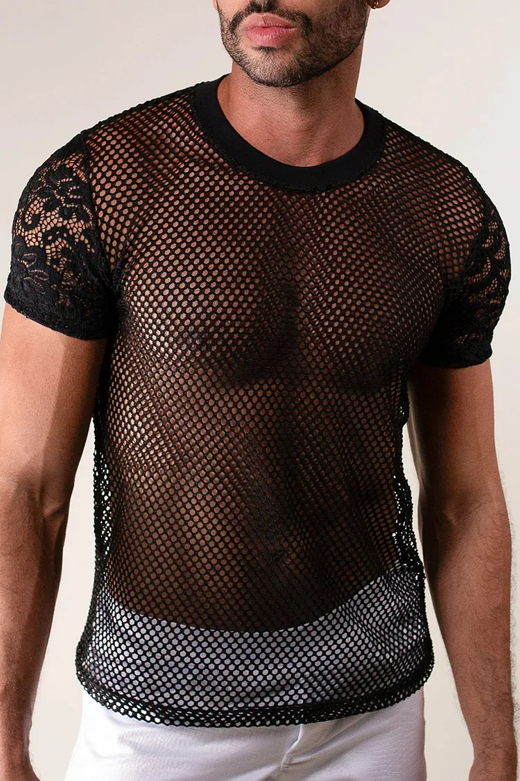 See-Through Lace Fishnet Splice Slim Fit T-shirt [Pre-Order]