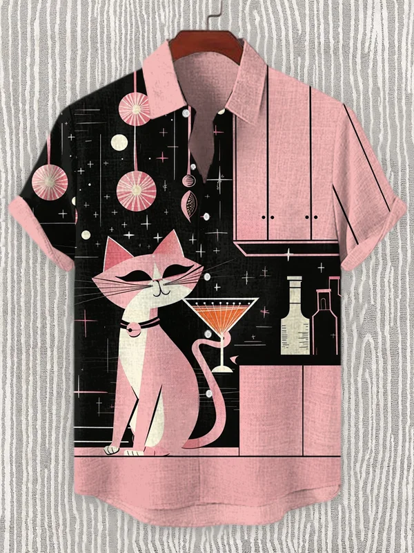 Men's Retro Cat Cocktail Party Art Print Linen Blend Shirt