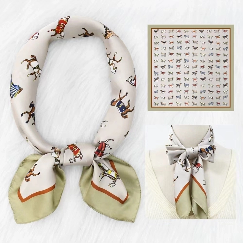 2 Pieces Women’s Elegant Plaid Flower Horse Satin Silk Scarf