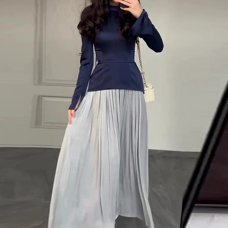Women's Patchwork Design Round Neck Pleated Dress