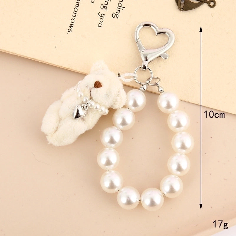 Cartoon Style Cute Bear Heart Shape Beaded Plush Bag Pendant Keychain