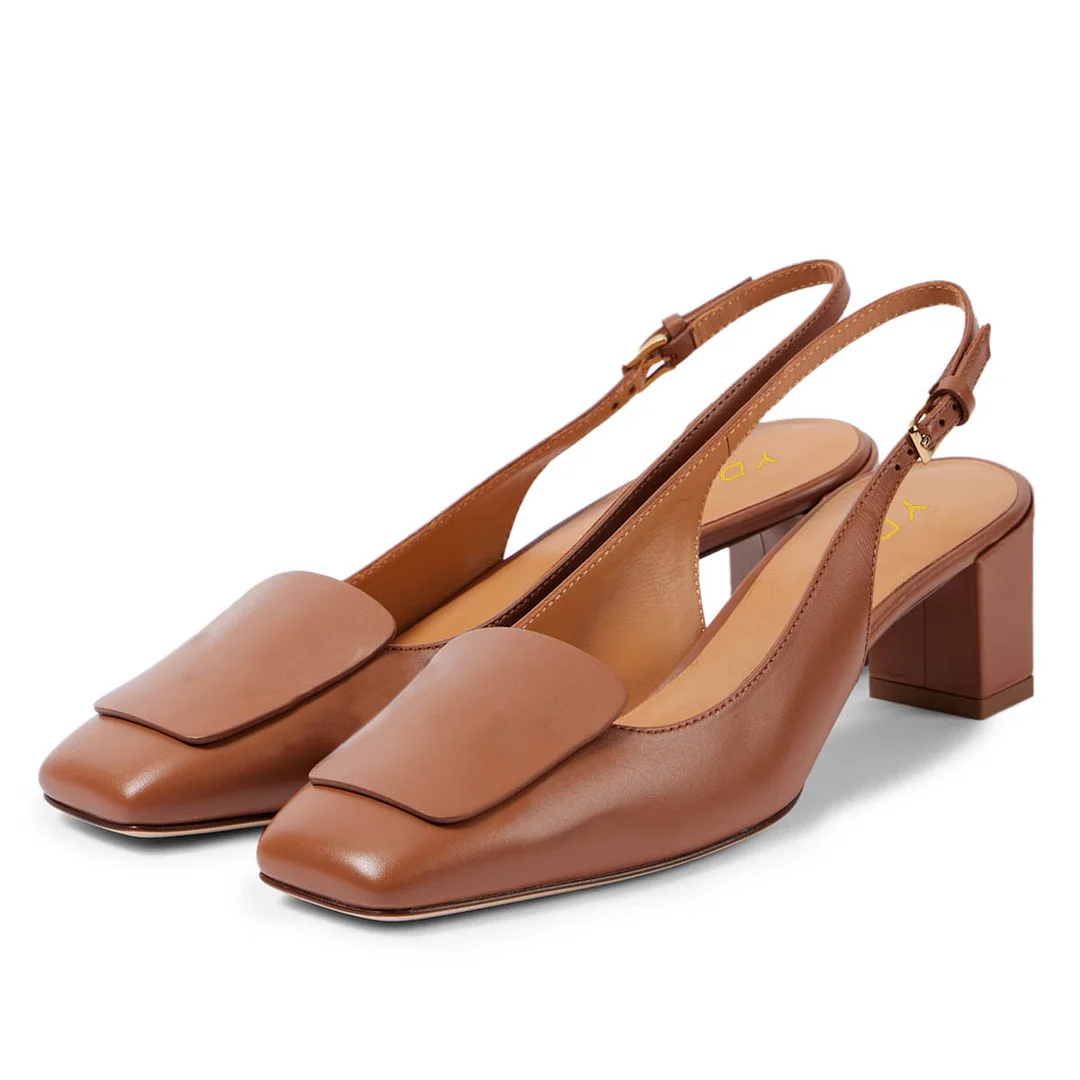 YDN Brown Vegan Leather Square Toe Chunky Heel Slingback Pumps