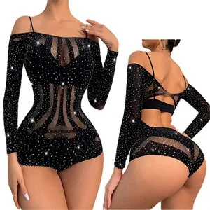 Summer Women Swim Suit Cover Up Rhinestones Mesh  Bodysuit Perspective Bathing Suit See-through Swimming Costumes Qq596