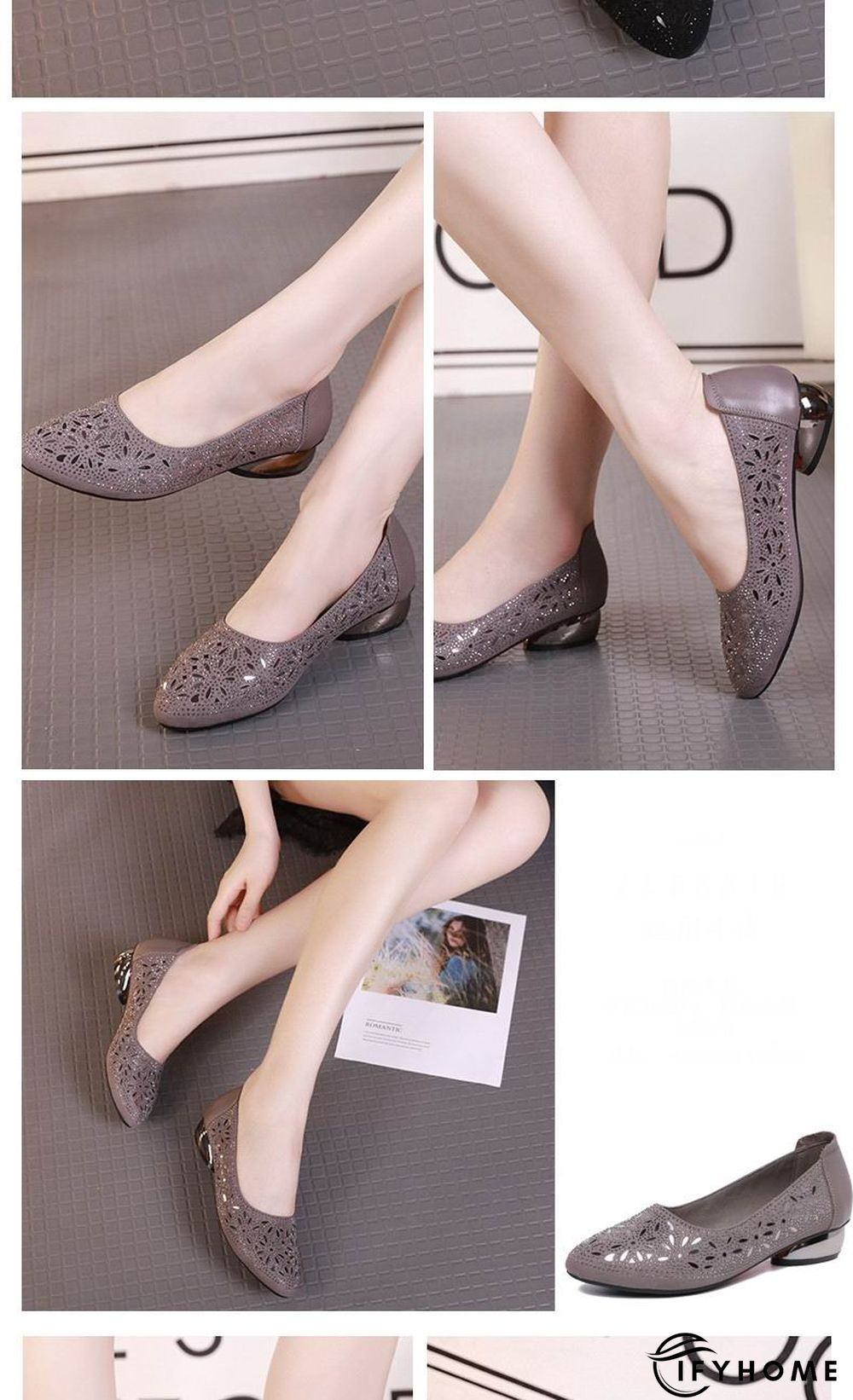 Crystal Low Heels Women shoes Soft Genuine Leather Female Shoes Women Slip On Footwear Square Heel Ladies Shoes | IFYHOME