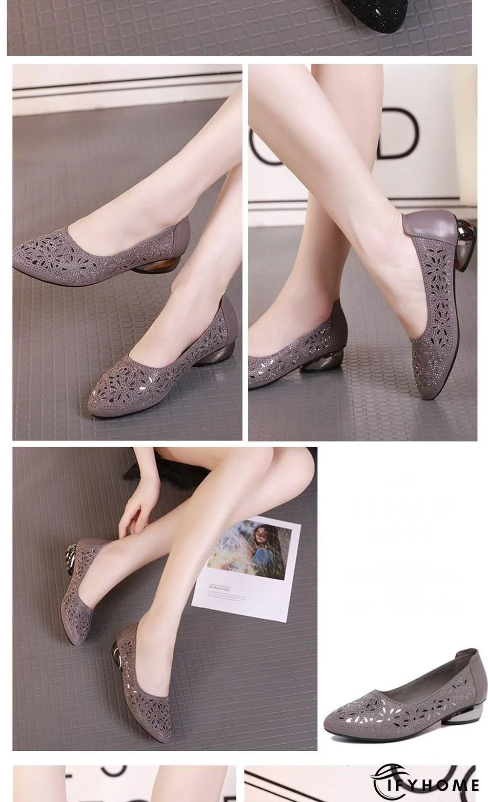 Crystal Low Heels Women shoes Soft Genuine Leather Female Shoes Women Slip On Footwear Square Heel Ladies Shoes | IFYHOME