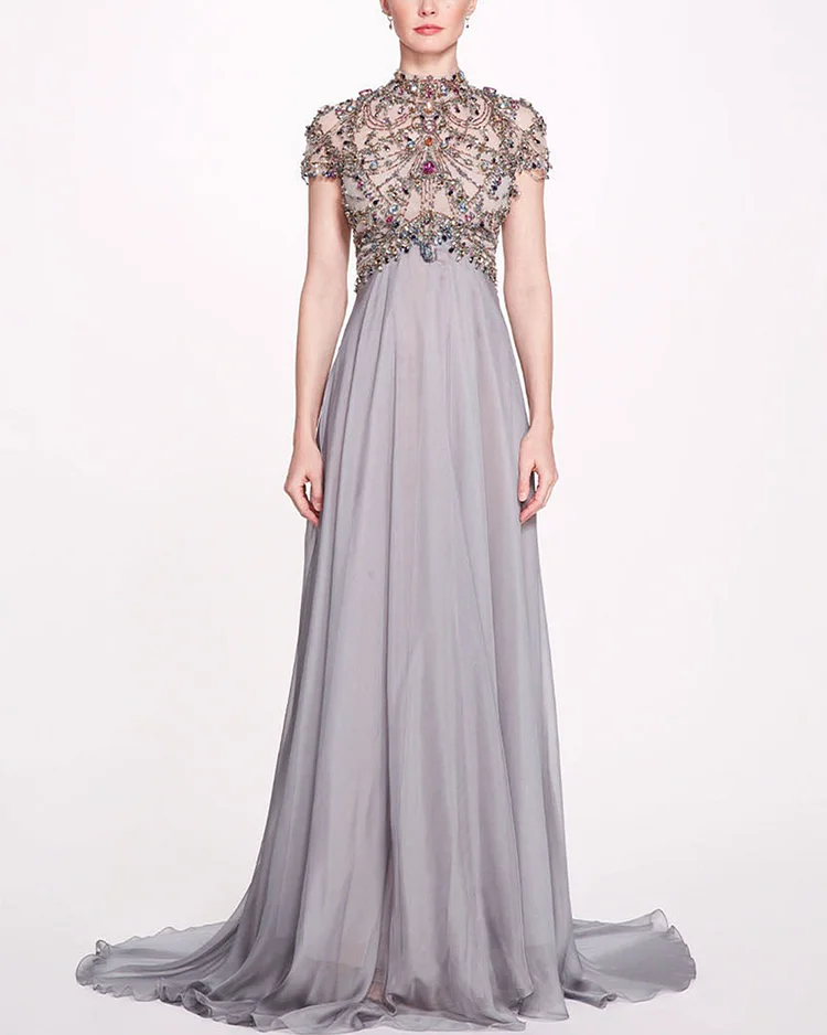 Illusion Tulle Crystal-Embroidered Silk Chiffon Gown