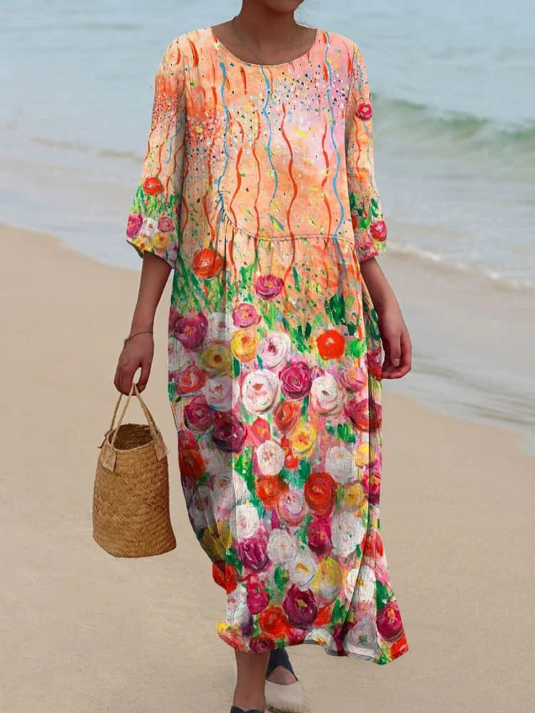 Women's Watercolor Floral Art Print Flowy Dress