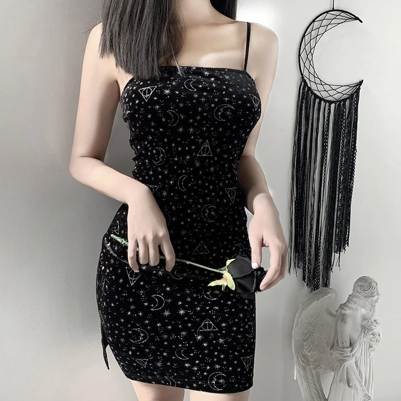 InsGoth Black Sexy Spaghetti Straps Dress Women Gothic Moon Stars Print Retro Mini Dress Streetwear Slit Bodycon Female Dresses