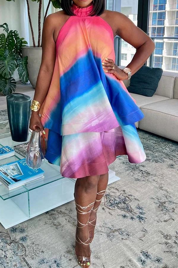 Rainbow Gradient Halter Collar Stylish Tiered Midi Dress