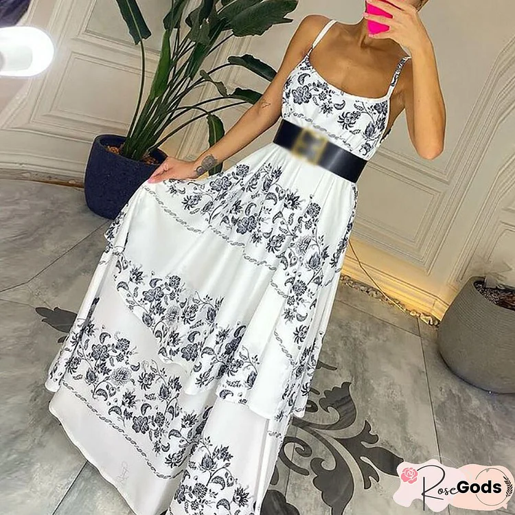 Elegant Casual Hem Spaghetti Strap Party Dress Sexy Off Shoulder Low O Neck Long Dress Summer Ruffle Floral Print Loose Dresses