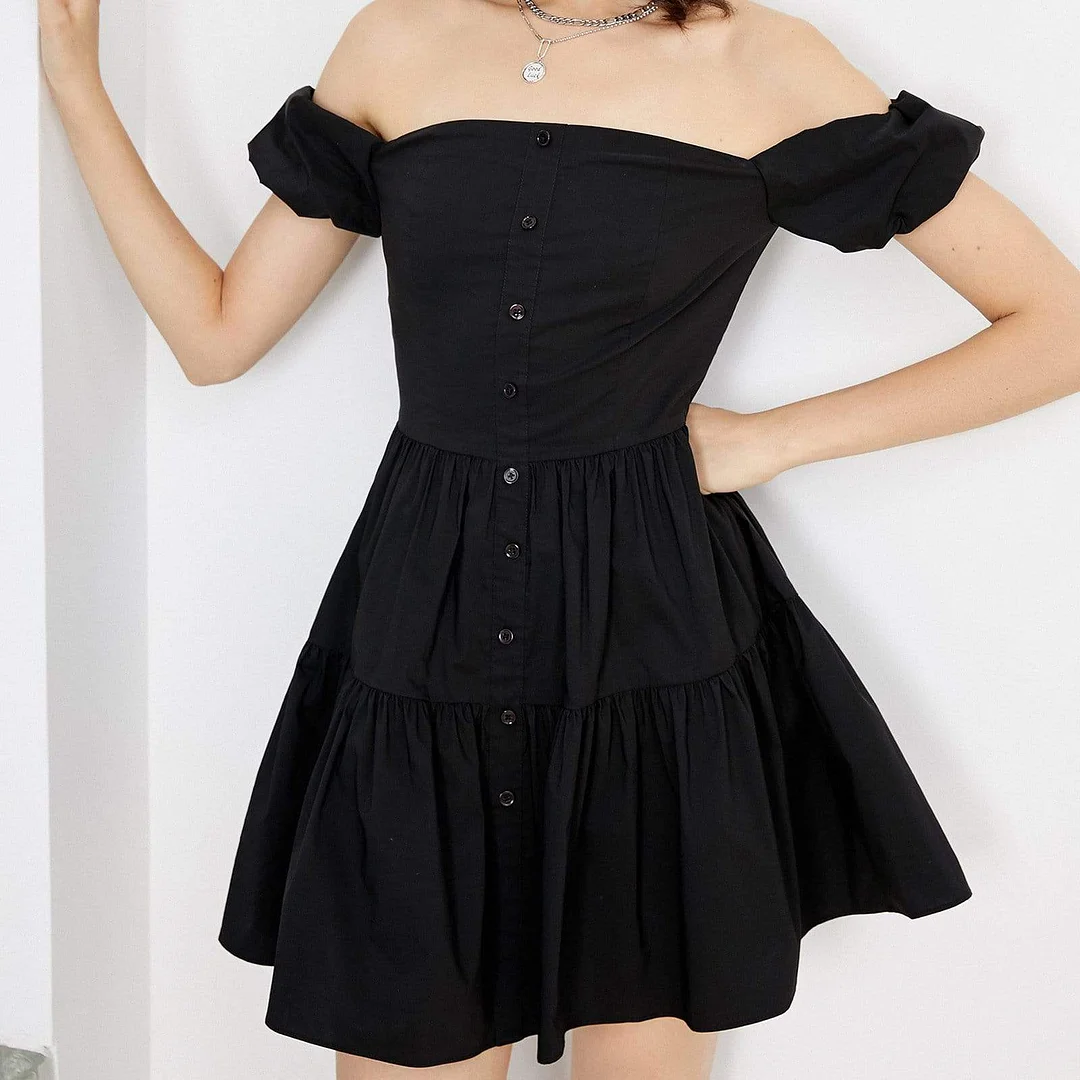 Cute as a Button Puffy Black Mini Dress