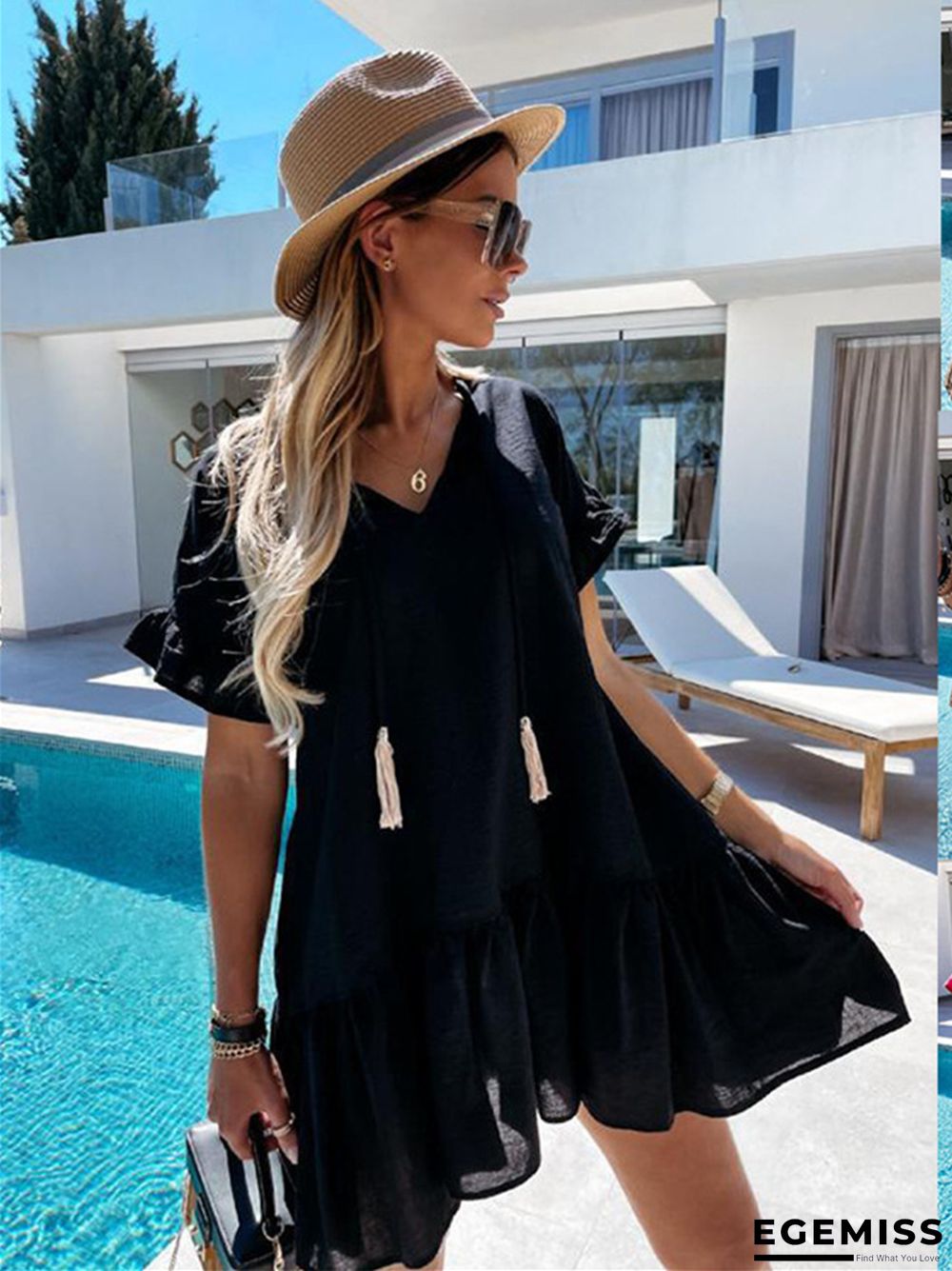 Casual Loose Fashion V-neck Ruffle Sleeve Hanging Beard Pleated Dress Women's White Dresses | EGEMISS