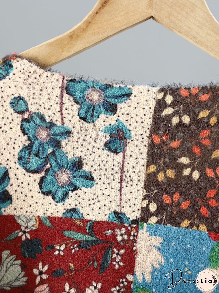 Women Ethnic Flower Patch Spliced O-Neck Sweater