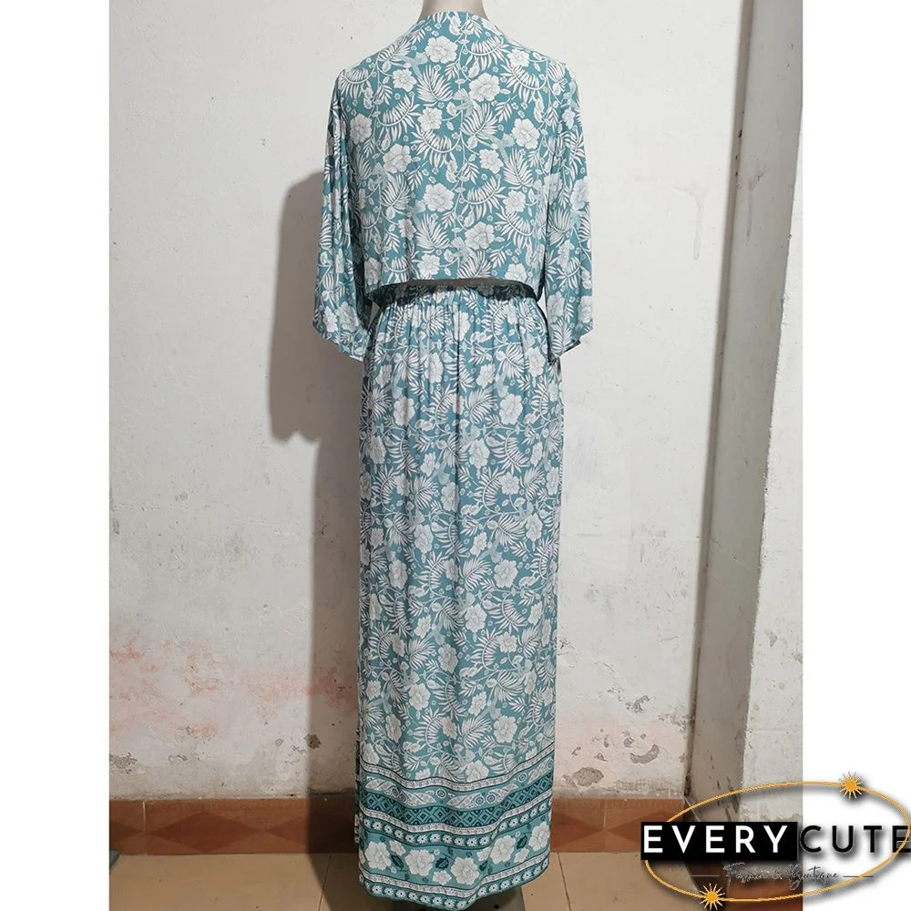 Green V Neck Bohemia Top And Split Skirt Set